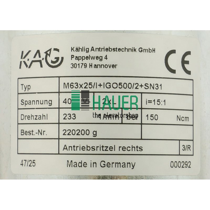 Kählig, motor puertar, piñón derecho,M63x25/I + SN31 + IGO500/2, 40V