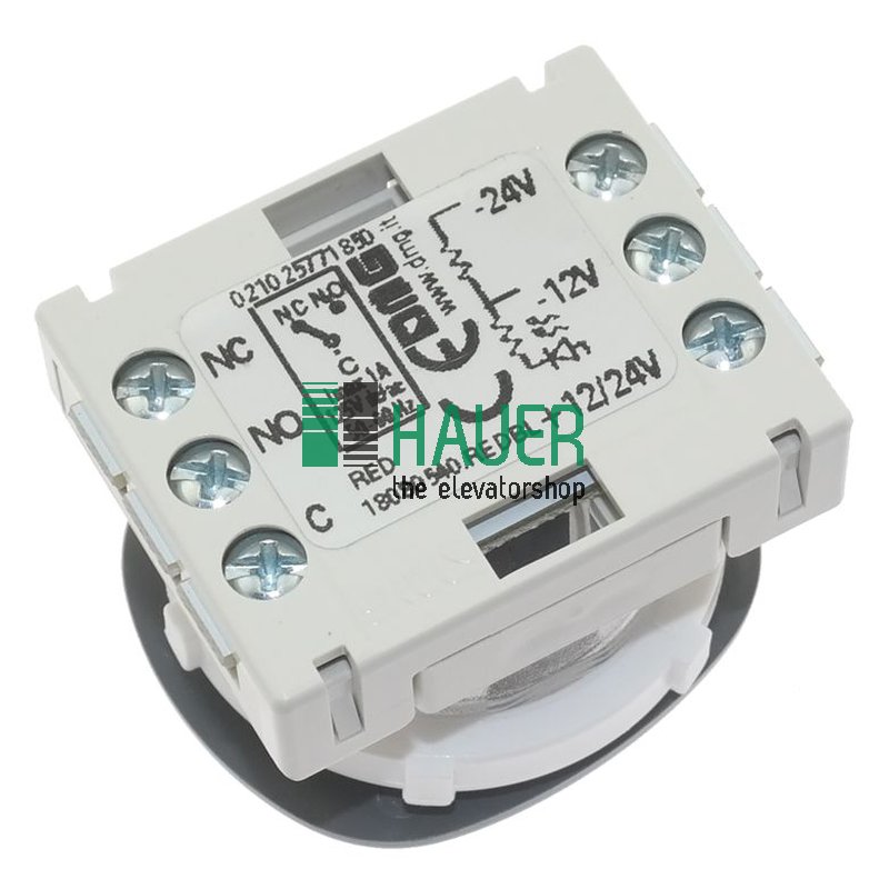 DMG, pulsante tipo BF, 2 contatti, 24V, LED rosso, inciso, 1 ghiera grigia